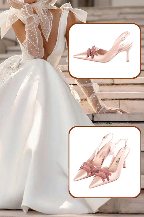 Women's powder pink and dusty rose pink elegant slingback heels, with a bow on the front. Pointed toe. High slim heel - Worn view